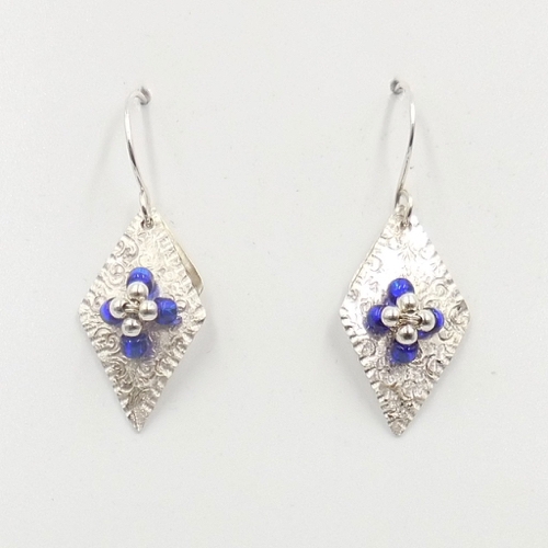 DKC-2009 Earrings, Diamond Shapes with Blue Beads $75 at Hunter Wolff Gallery